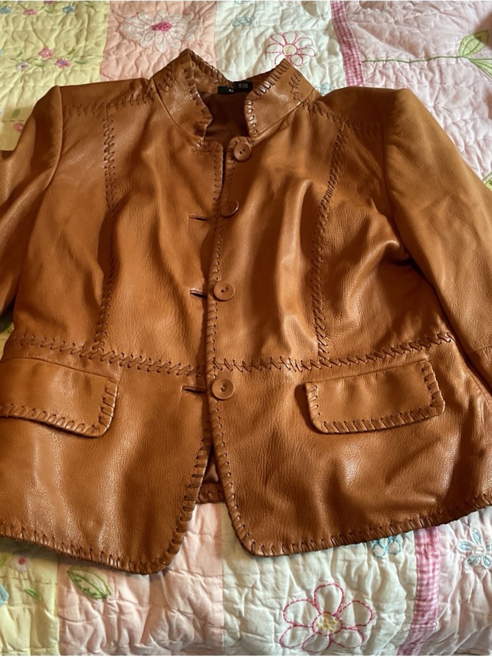 Ellen Tracy Cognac Brown Leather Button-Front Jacket